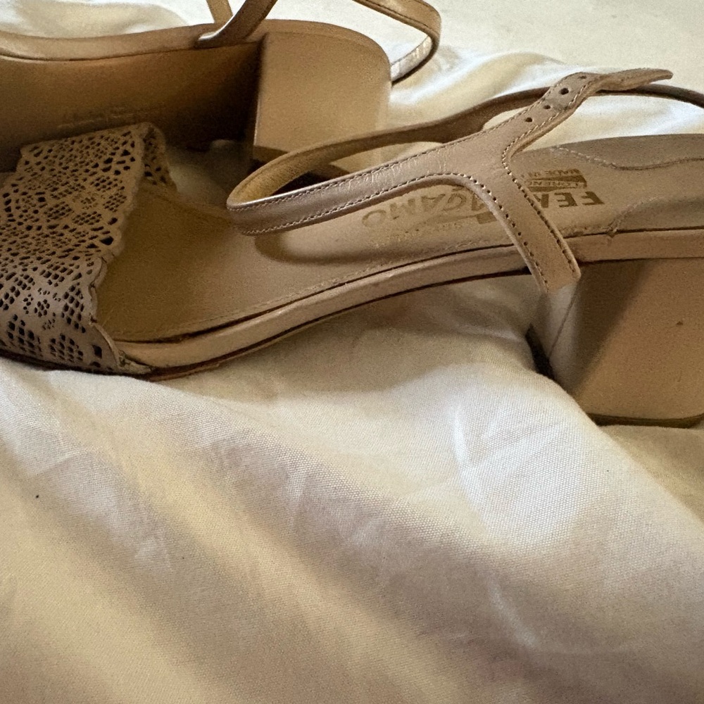 Salvatore Ferragamo Beige Strappy Block Heel Sandals